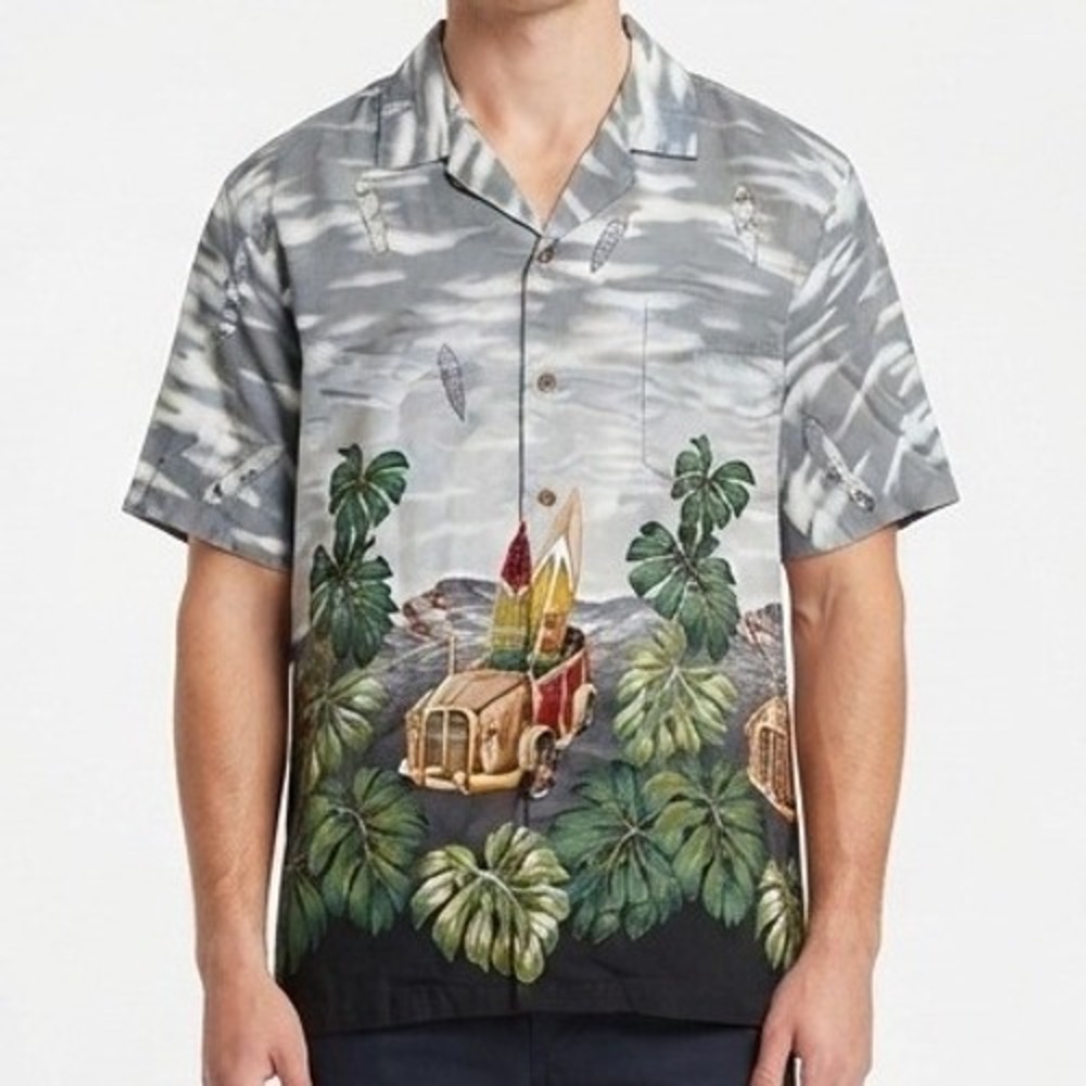 KY'S Hawaiian Shirt Mens XL Gray Woodie Surfboard Tropical Cotton Aloha Shirt